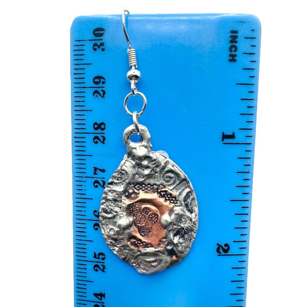 Artisan Mixed Metal Sugar Skull Earrings 925 Silver Hooks Silver Blend Metalwork - Picture 4 of 13